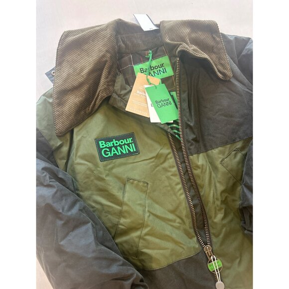 BARBOUR x Ganni Tartan Waxed Cotton Bomber Jacket Green Size UK 6 US 2 - Picture 5 of 9